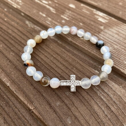 Náramok Achát šedý s krížikom