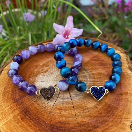 Náramok so srdiečkom Ametyst a Tigrie oko