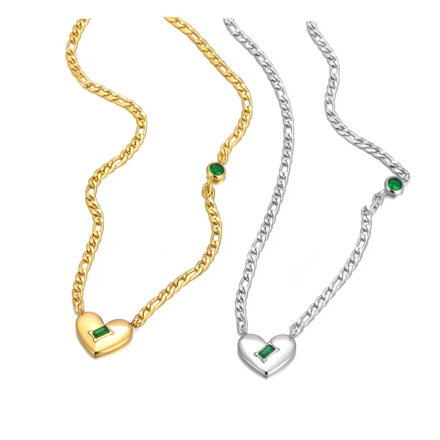 Oceľová figaro retiazka a srdce so zeleným zirkónom