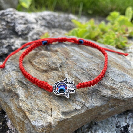 Červený náramok RUKA FATIMY a MODRÉ OKO