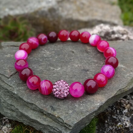 Náramok ružový pruhovaný Achát so zirkónovou korálkou
