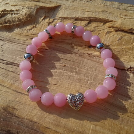 Náramok RUŽOVÝ JADEIT a srdiečko s anjelskými krídlami