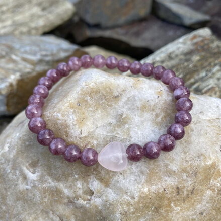 Náramok Lepidolit a srdce Ruženín