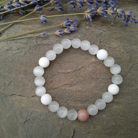 Náramok MAČACIE OKO, biely Ónyx a Rhodonit