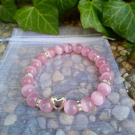 Náramok ružové MAČACIE OKO so srdiečkom