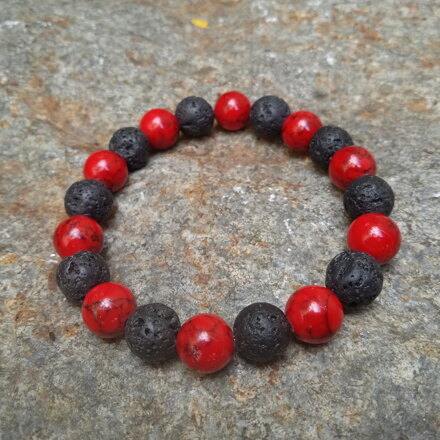Náramok červený jadeit batika a lávové kamene