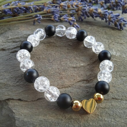 Náramok Ónyx a praskaný krištáľ so srdiečkom