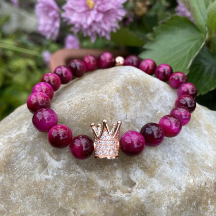 Náramok ružové Tigrie oko s korunkou