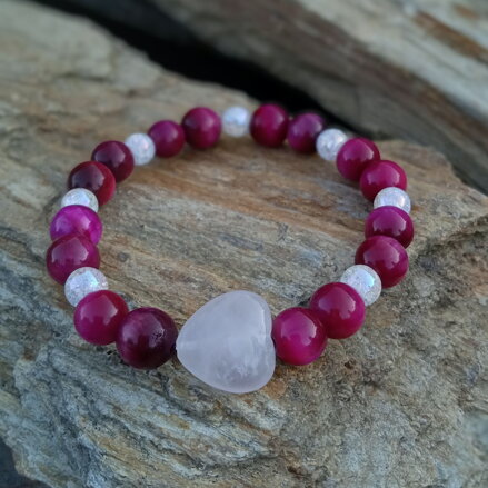 Náramok ružové Tigrie oko a srdce z Ruženínu