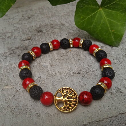 Náramok STROM ŽIVOTA - lávové kamene a červený jadeit