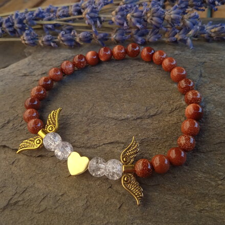 Náramok ZLATÝ AVANTURÍN so srdiečkom a anjelskými krídlami