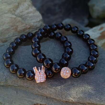 Čierne partnerské náramky s korunkou a shamballa korálkou