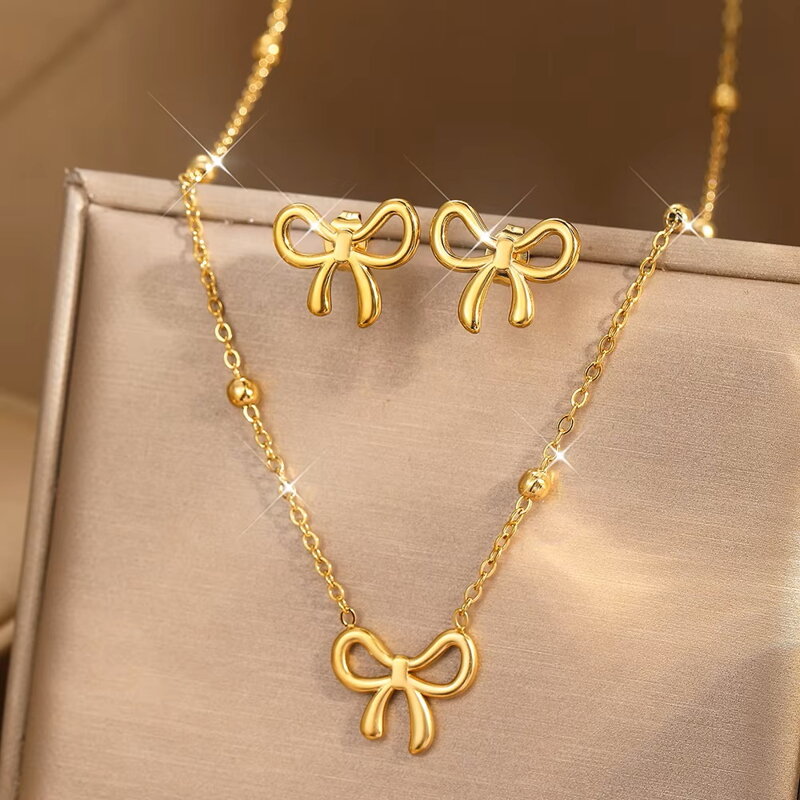 Sada šperkov z chirurgickej ocele - Zlatá mašľa