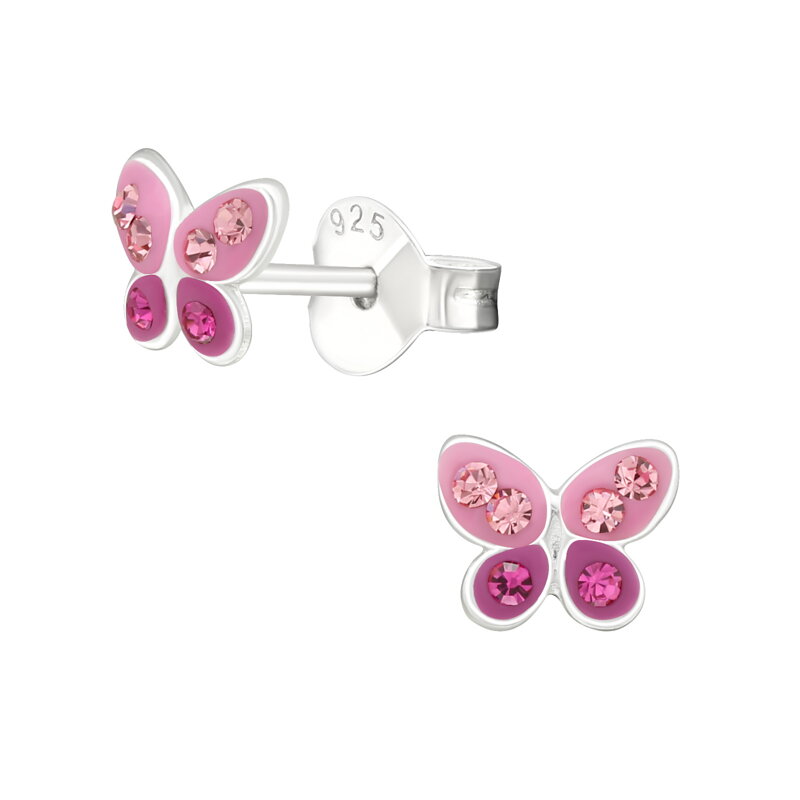 Detské strieborné náušnice - Ružový motýlik s krištálikmi