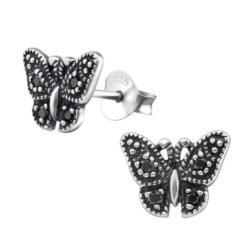 Strieborné puzetové náušnice - Motýľ so zirkónom