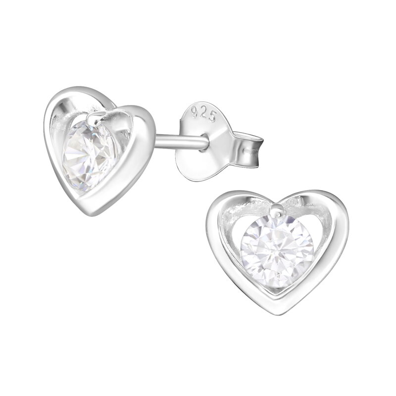 Strieborné puzetové náušnice - Srdce so zirkónom