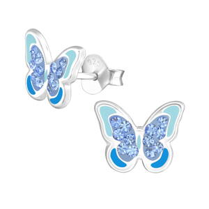 Detské strieborné náušnice - Modrý motýlik s krištálikmi