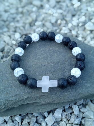 Náramok KRÍŽ z Ruženínu|Lávový kameň a praskaný krištáľ