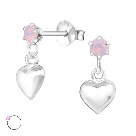 Strieborné puzetové náušnice - Srdce so Swarovski krištáľom