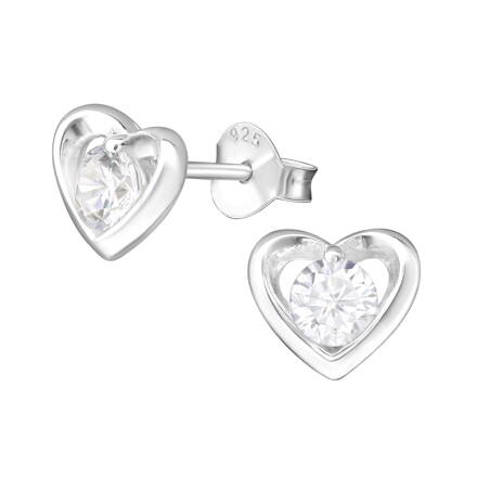 Strieborné puzetové náušnice - Srdce so zirkónom